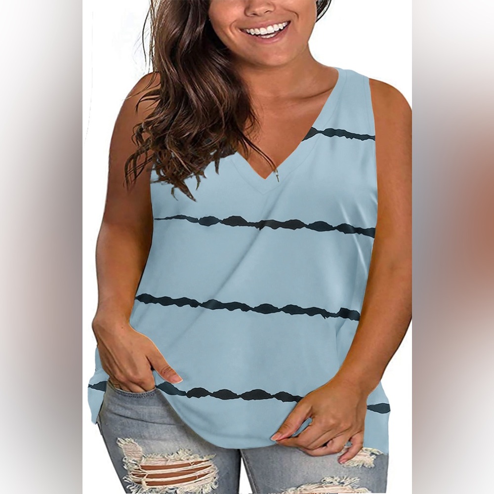 Blue Stripe V Neck Plus Size‎ Tank